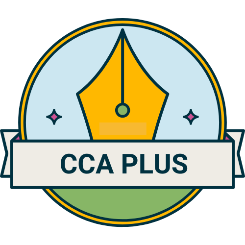 Pen nib with the words CCA Plus under it.